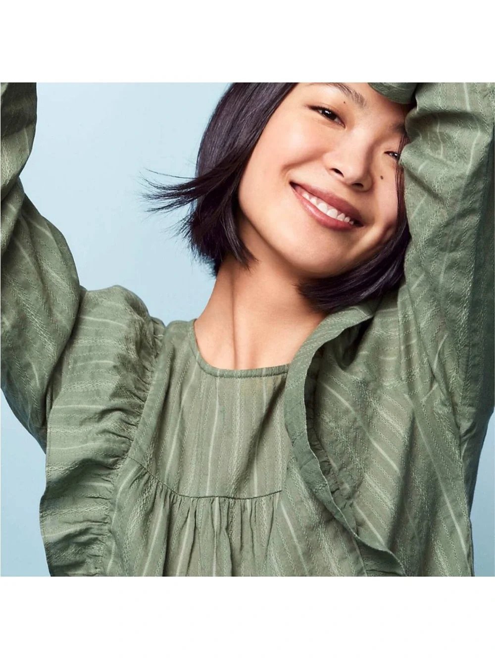 LOFT Ruffle Cropped Yoke Long-Sleeve Blouse in Sage Green SP